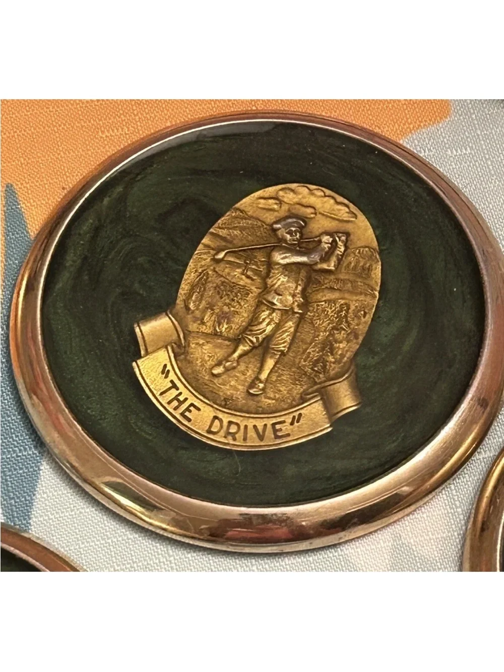 Golf Coasters Brass Medallion Set Heavy Green Marbled 4 Drive Fairway Sand Putt